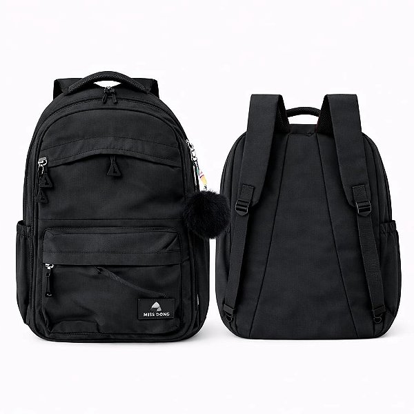 MOCHILA MISS DONG PRETO COM POMPOM