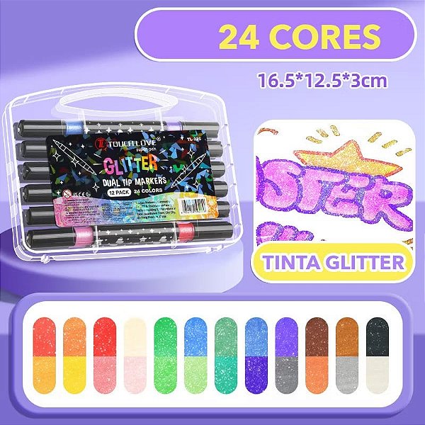 PONTA DUPLA COM GLITTER 12 CORES