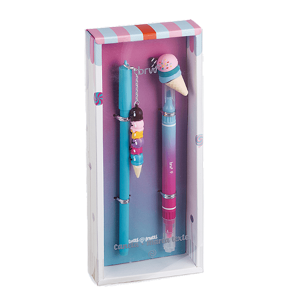 CANETA ESFEROGRÁFICA DIVERT 0.7MM + MARCA TEXTO DUPLO - TUTTI FRUTTI - CX PRESENTE C/ 2UN