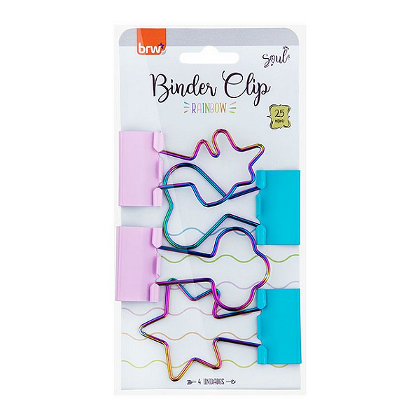 CLIPES PARA PAPEL BINDER 25MM - BLISTER C/ 4 UN - RAINBOW: UNICORNIO, ESTRELA, NUVEM E CORAÇÃO