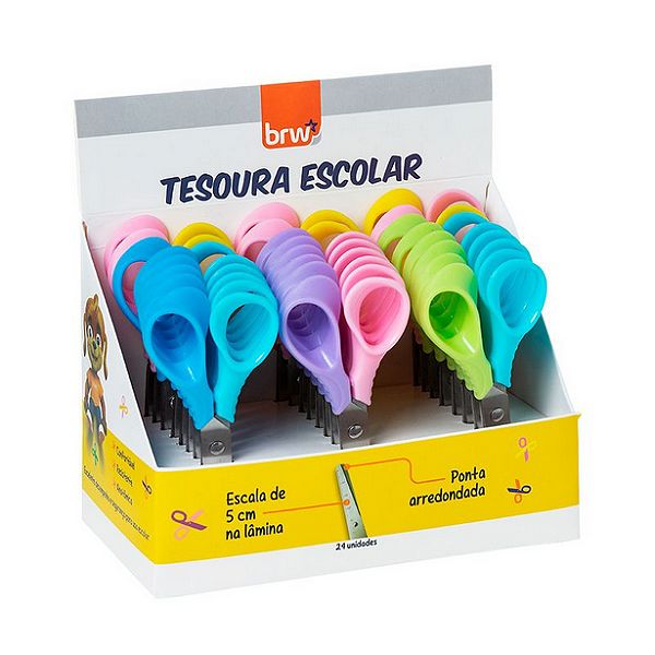 TESOURA ESCOLAR DE AÇO 13CM - BICOLOR CX C/24 UN BRW