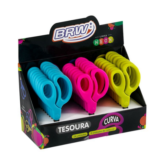 TESOURA ESCOLAR NEON CURVA 13CM CX C/24 UN BRW