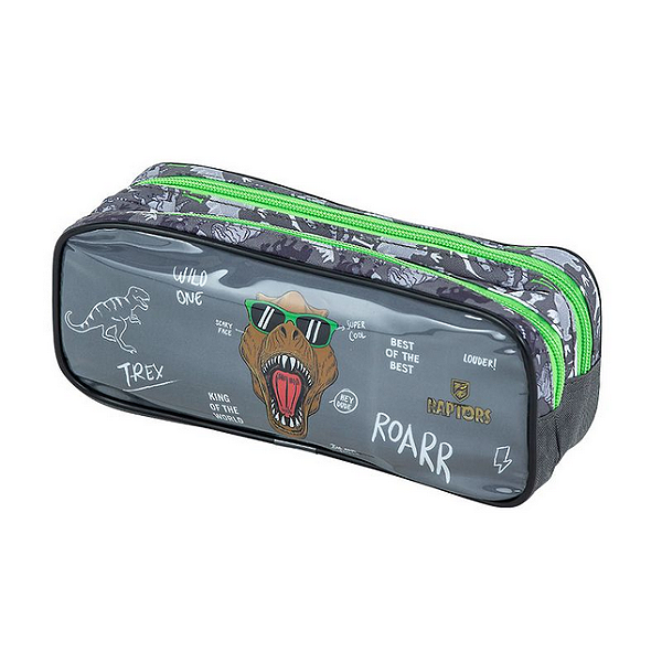 ESTOJO ESTAMPADO - POLIÉSTER - 2 ZIPERS - RAPTOR - VERDE E CINZA BRW