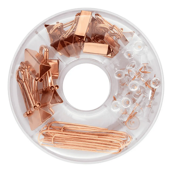 KIT OFFICE PRENDEDORES REDONDO - CLIPES/BINDER/ALFINETE/ELÁSTICO - ROSE GOLD BRW