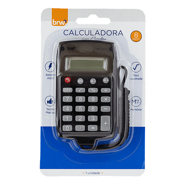 CALCULADORA PEQUENA 8 DÍGITOS COM CORDÃO DE NYLON - PRETA ESFUMAÇADA - BLISTER C/ 1UN BRW