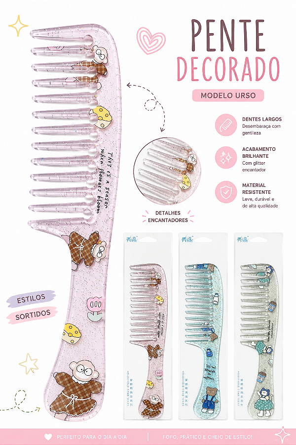 PENTE PARA CABELO ESTAMPADO FOFO DE ACRÍLICO UNIDADE