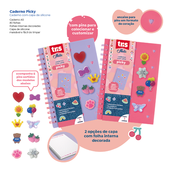 CADERNO A5 HOLIC PICKY + PINS 80 FOLHAS TRIS