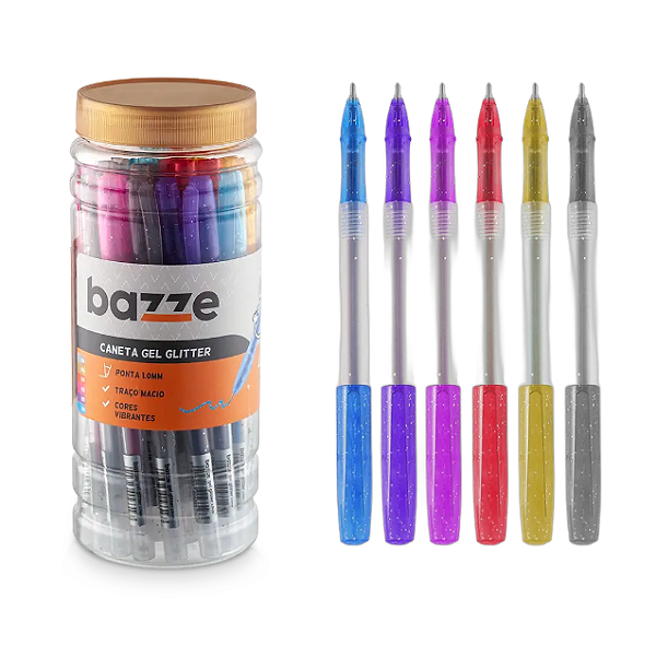 CANETA GEL GLITTER COLOR PT C/ 24 UN BAZZE