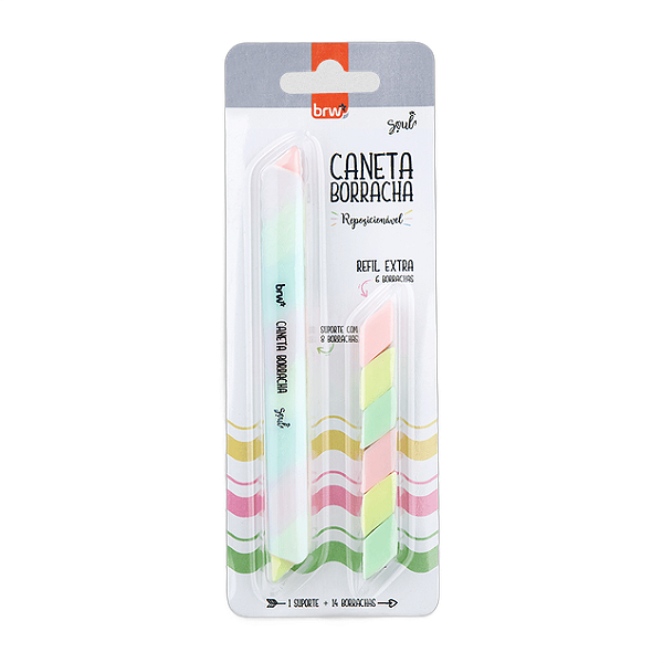 CANETA BORRACHA REPOS.  - 3 CORES PASTEL - BLISTER C/ 1 UN + REFIS
