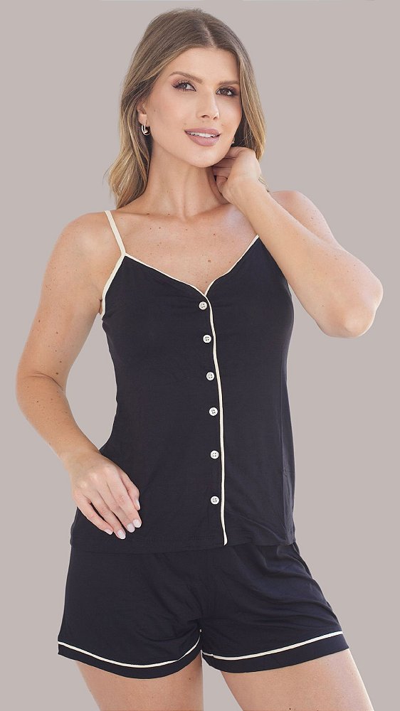 Preto com Bege - Pijama Americano Curto de Alcinha