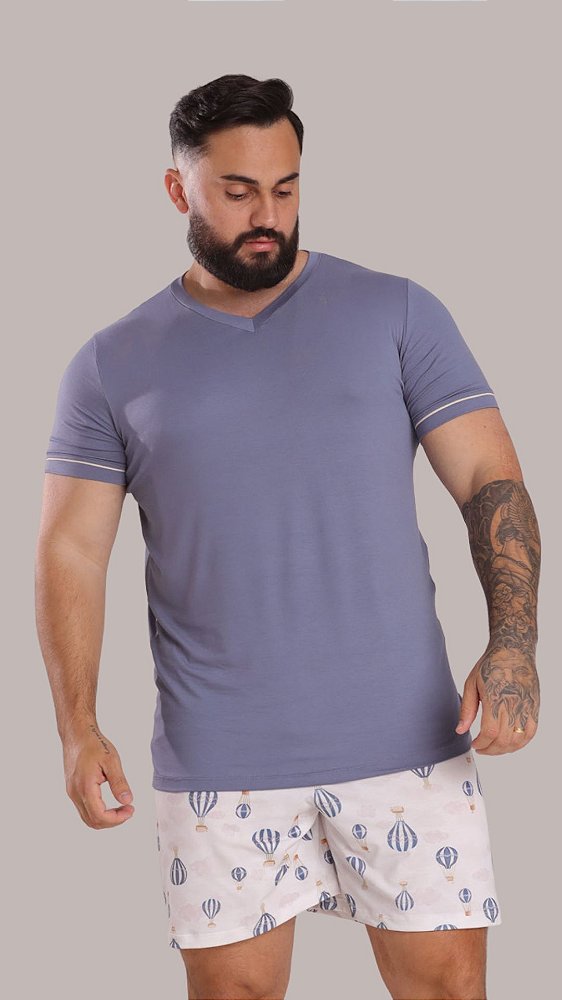 Balão Azul - Pijama Gola V Curto Masculino