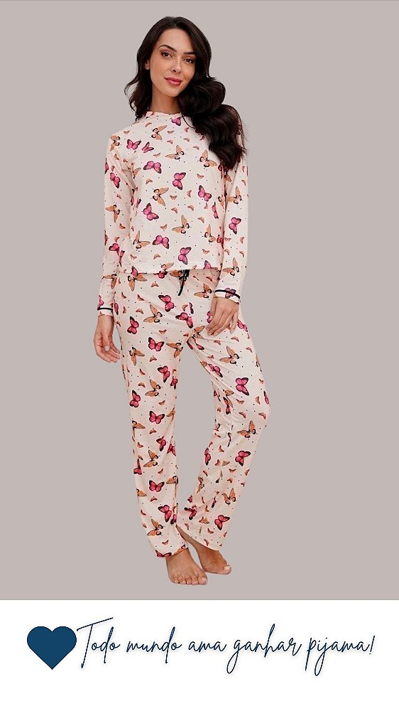 Borboleta Bege - Pijama Feminino Longo Gola V