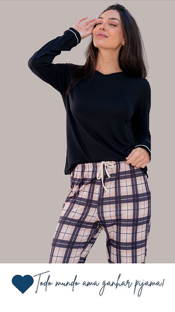 Casal Preto e Nude - Pijama Feminino Longo Gola V