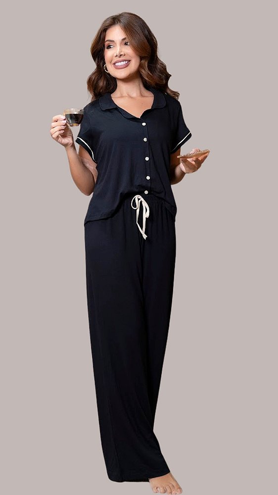 Azul Marinho- Pijama Americano Longo Pantalona