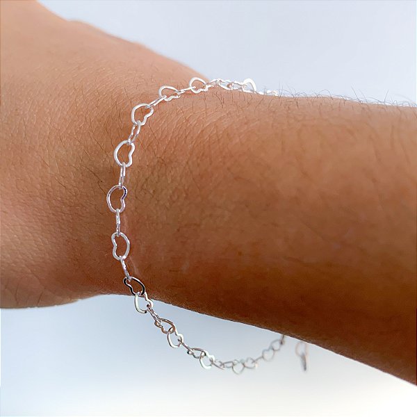 Pulseira corrente corações banhado a prata