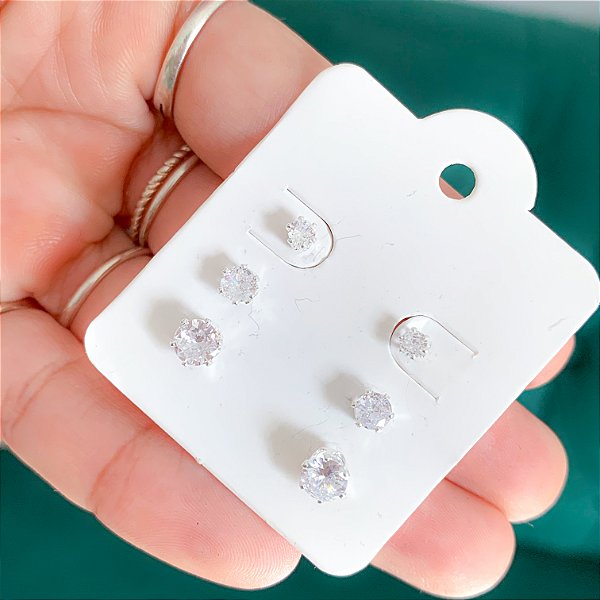 Trio de brincos ponto de luz zircônia banhado a prata