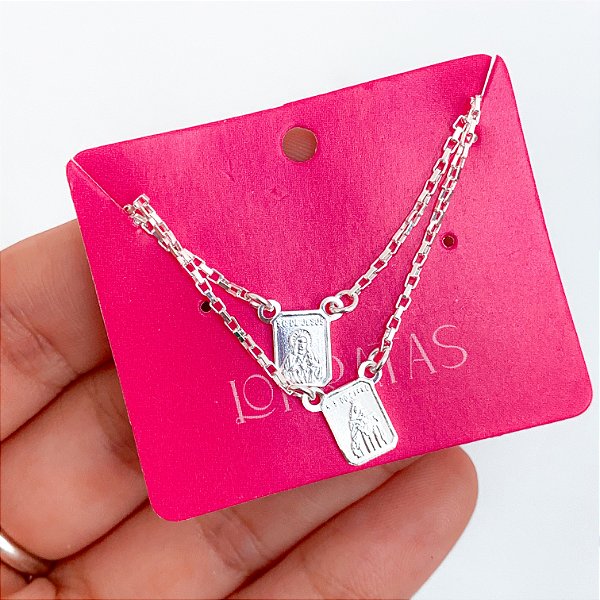 Escapulário mini plaquinha corrente elos 70cm banhado a prata