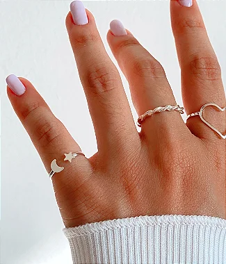 Anel falange lua e estrela banhado a prata