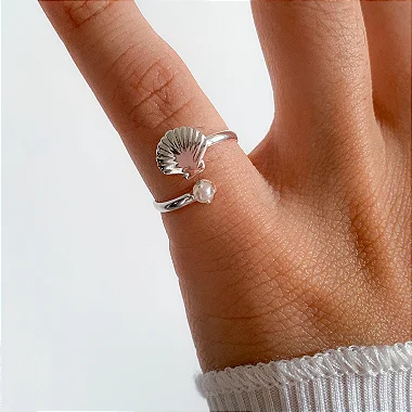 Anel falange concha e pérola banhado a prata