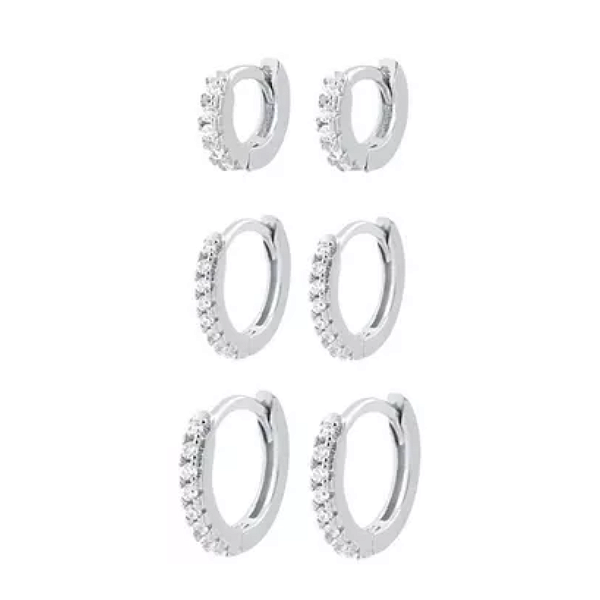 Trio de argolas click fina cravejada banhado a prata