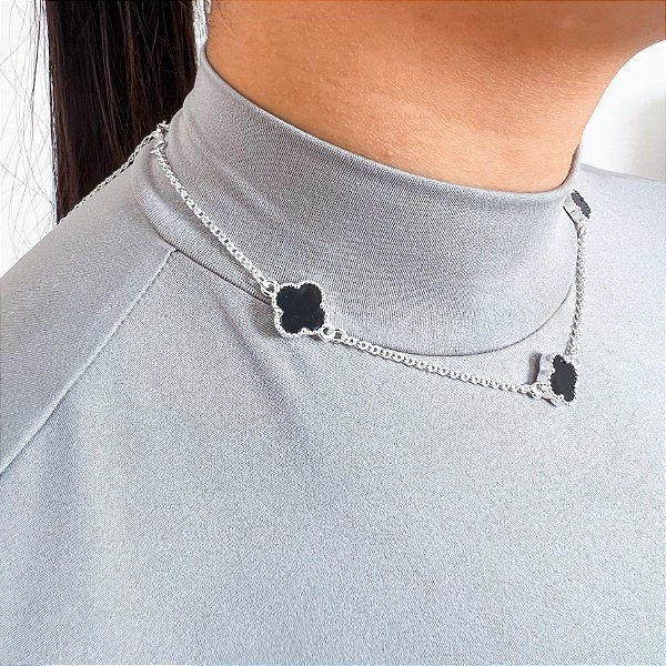 Cordão Virginia trevo preto banhado a prata