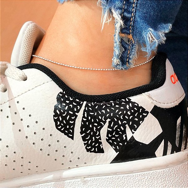 Tornozeleira corrente poa banhado a prata