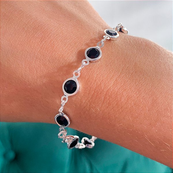 Pulseira pedras ônix grande banhado a prata