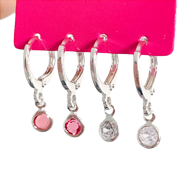 Kit de argolas click pingentes ponto de luz rosa banhado a prata