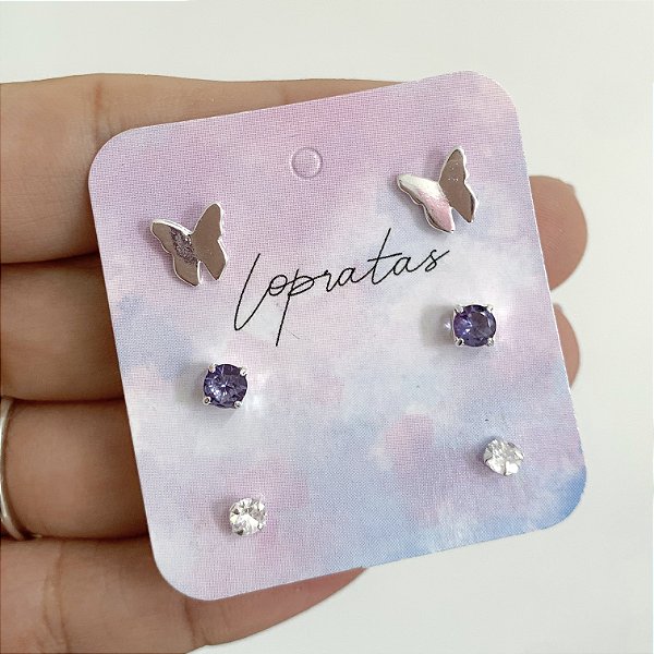 Trio de brincos borboleta lilás banhado a prata