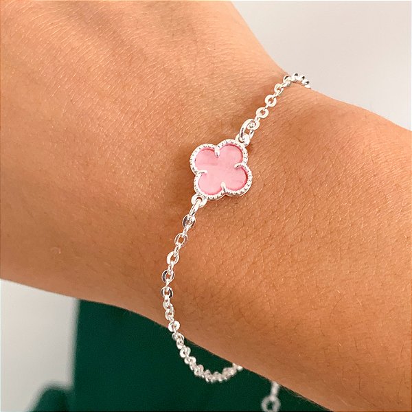 Pulseira Virginia trevo rosa banhado a prata
