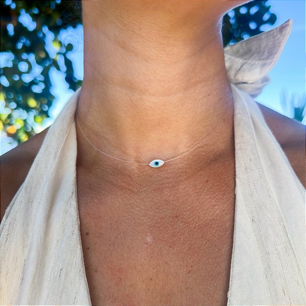 Cordão nylon olho grego madrepérola navete banhado a prata