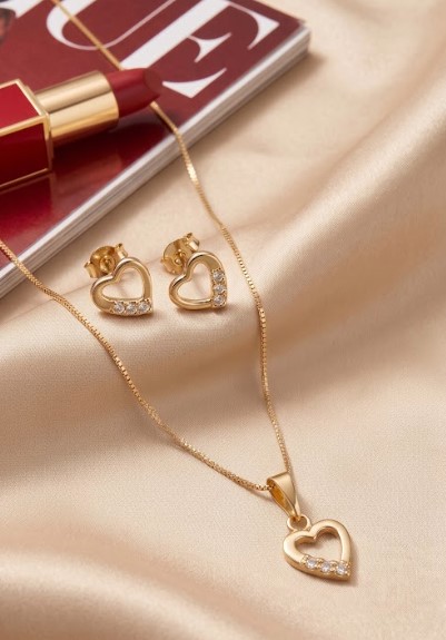 Conjunto Coração com Zircônias Banhado Ouro 18k
