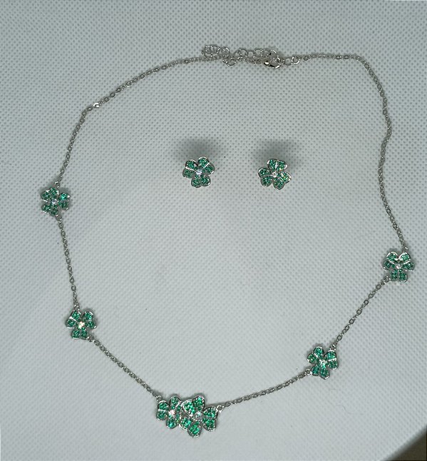 Conjunto Flower Cravejado Verde Esmeralda Colar e Brinco