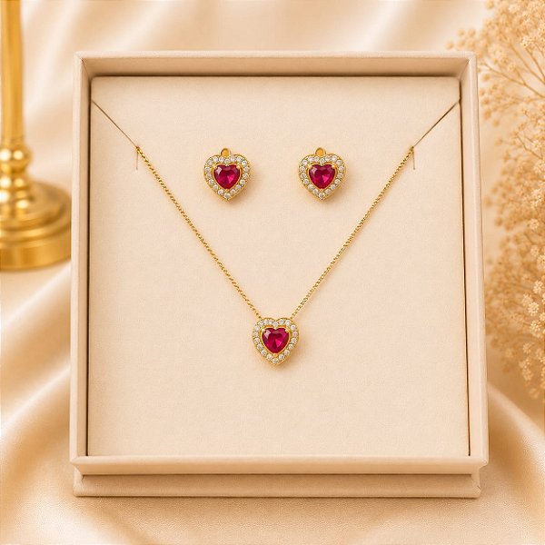 Conjunto Coração Cravejado com Zircônia Rosa