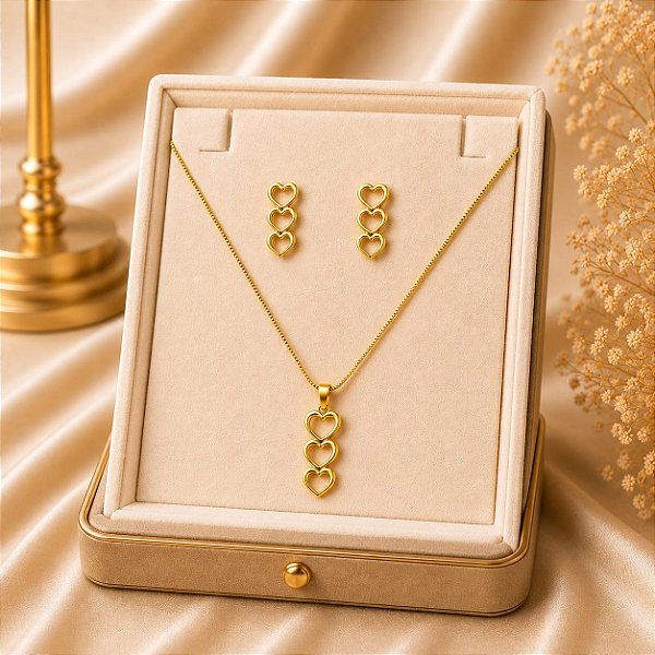 Conjunto Colar e Brinco 3 Corações Banhado a Ouro 18k