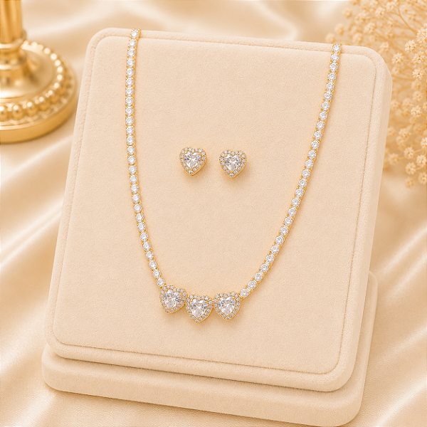 Conjunto Colar Riviera e Brinco Corações Banhado a Ouro 18k