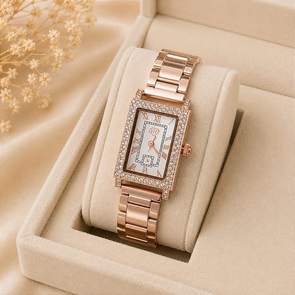 Relógio Rosé Retangular DHP Fundo Rosé