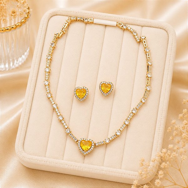 Conjunto Riviera Coração Citrino Ouro 18k
