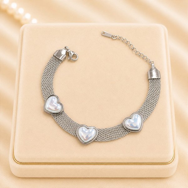Pulseira Rasteira 3 Corações em Aço Inoxidável