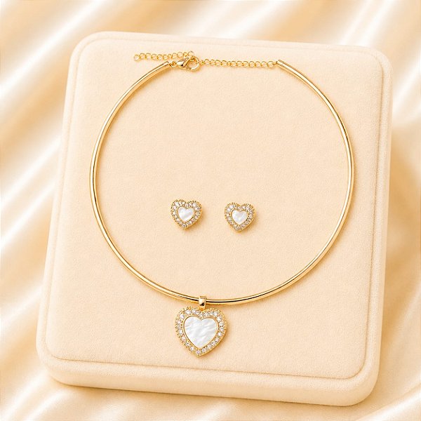 Conjunto Aro Coração Madrepérola Banhado Ouro 18k