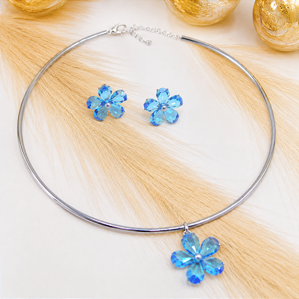 Conjunto Aro Flor Azul Banho de Ródio