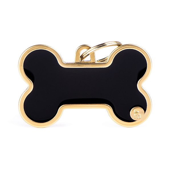 Plaquinha de Identificação Osso Preto C/ Verso Dourado Esmaltado - MyFamily