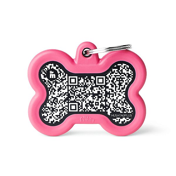 Plaquinha de Identificação Hushtag Plus QR Code Preta em Alumínio em formato de Osso com Borracha Rosa - MyFamily