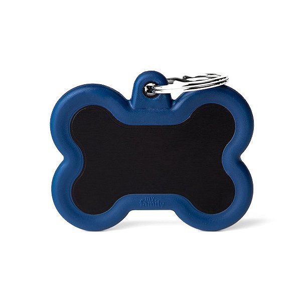 Plaquinha de Identificação Osso Preto de Alumínio com Borracha Azul XL - MyFamily