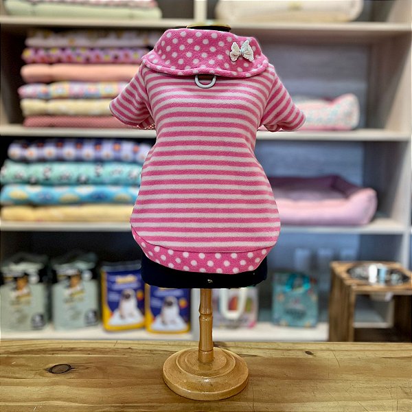 Blusa para Cachorro Soft Listrada Rosa com Gola Poá - Pink & Fanny