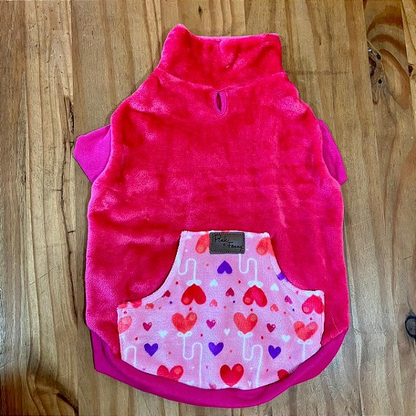 Blusa para Cachorro Soft Rosa com Bolso Estampado Corações - Pink & Fanny