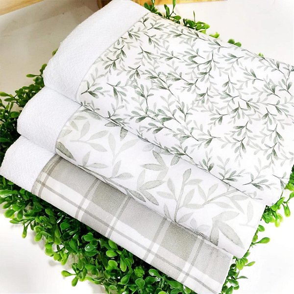 Kit com 3 Panos de prato Minimalista folhagens