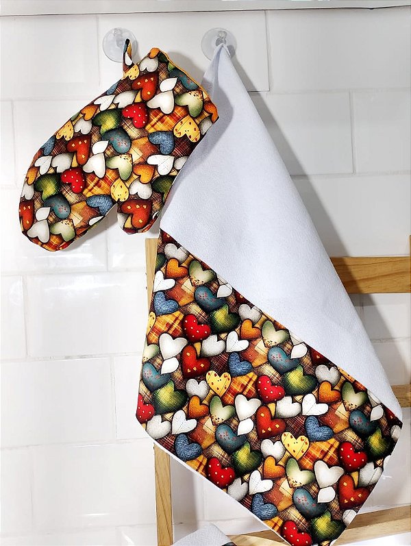 Kit Pano de Prato e Luva de Forno Corações Coloridos