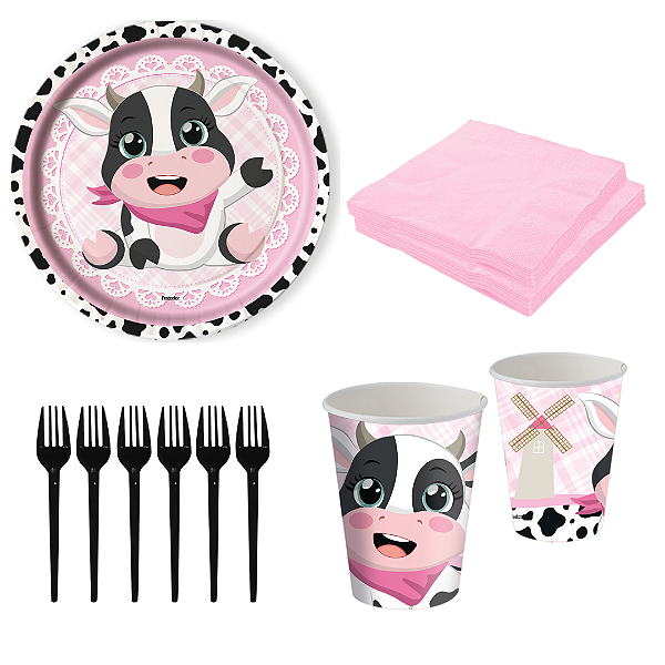 Kit Festa Vaquinha - Copo, Prato, Guardanapo e Garfo