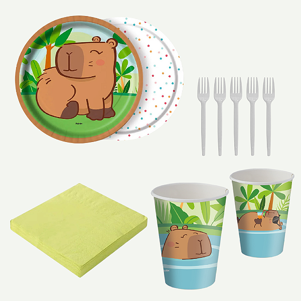 Kit Festa Capivara - Copo, Prato, Guardanapo e Garfo